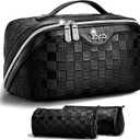 BOYATU Travel Makeup Bag Organizer: 3 Pcs Set Large Capacity Cosmetic Bags Holds 1020 100ml Full-Size Bottles for 315 Day Trips - 180Open-Flat Make up Case 3-sec touch-up - Toiletry Bag Gift women (01-Black)