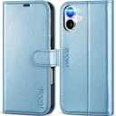 TUCCH Case Wallet for iPhone 16 5G, [RFID Blocking] 4 Card Holder Stand [Shockproof TPU Interior Case] PU Leather Magnetic Protective Flip Cover Compatible with iPhone 16, Shiny Light Blue