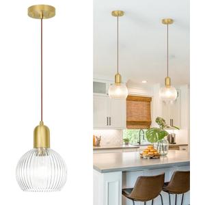 Modern Gold Pendant Lights Kitchen Island Lighting, Clear Glass Globe Pendant Light for Kitchen Adjustable 11.8-59" Brass Dining Room Hanging Light Fixture Vintage Ribbed Ceiling Pendant Light