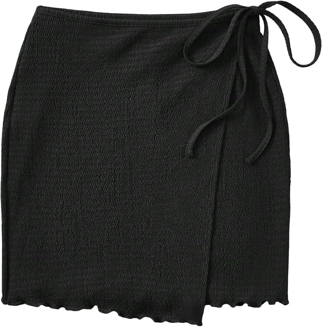 WDIRARA Women's Cover Up Wrap Skirt High Waisted Knot Side Asymmetrical Wrap Skirt Split Lettuce Trim Beach Mini Skirt (Medium, Black)