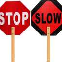 Stop Slow Sign - Double Sided Street Slow Warning Metal Reflective Signs, 13x13in Octagon Rust Free Aluminum, with Bamboo Handle, Waterproof, Easy to Assemble(1PCS)