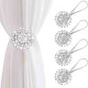 AULEEP Magnetic Curtain Tiebacks, 4 Pack Magnetic Crystal Decorative Drapes Curtain Clips Buckle, Flower Curtain Tie Back, European and American Style (Silver) (7*6*1.5)
