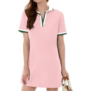 Kissonic Polo Dresses for Women Short Sleeve Tennis Golf Dress V Neck Summer Casual Dress with Pocket (X-Large, Pink)