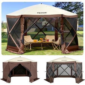 VEVOR 12 * 12ft 6 Sided Pop-up Canopy Shelter Tent with Mesh Windows, Portable Carry Bag, Stakes, Large Shade Tents for Outdoor Camping, Lawn and Backyard, Brown/Beige