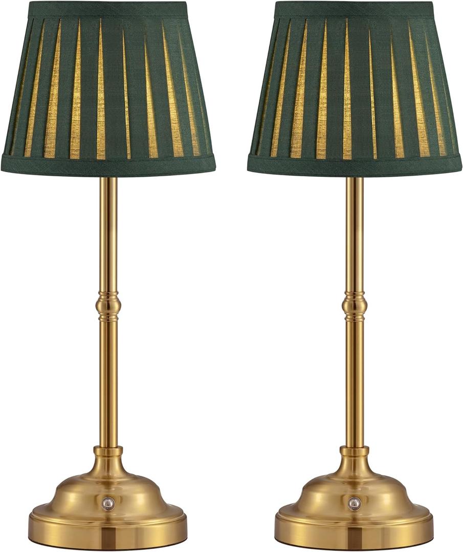 KDG Cordless LED Table Lamp Set of 2, Portables Fabric Shade Desk Lamps, 5000mAh Rechargeable Battery Powered Lighting, Dimmable Light for Dining Room, Bedroom, Bedside, Night Light, Balcony (Green)