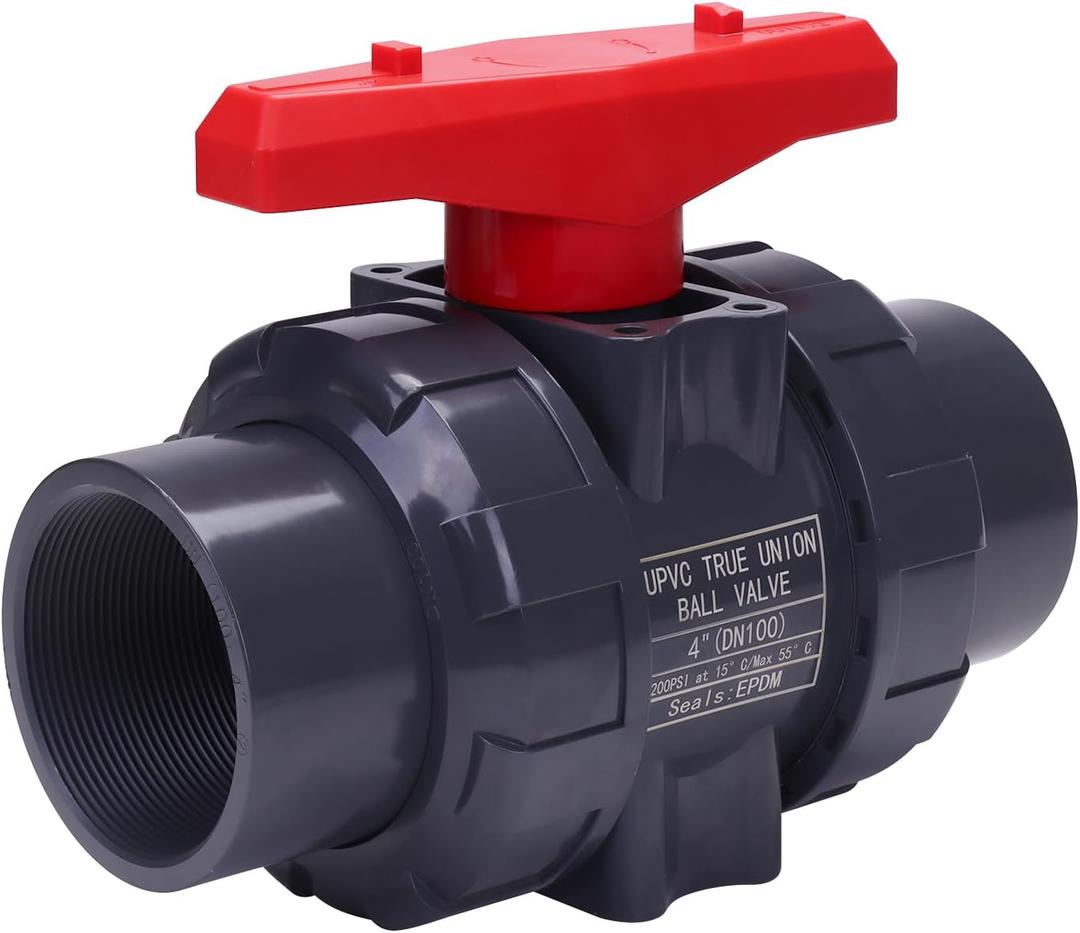 DERNORD PVC True Union Ball Valve NPT Threaded with Full Port, EPDM O-Rings, and Reversible PTFE Seats, Rated at 200 PSI (4 Inch NPT Threaded)