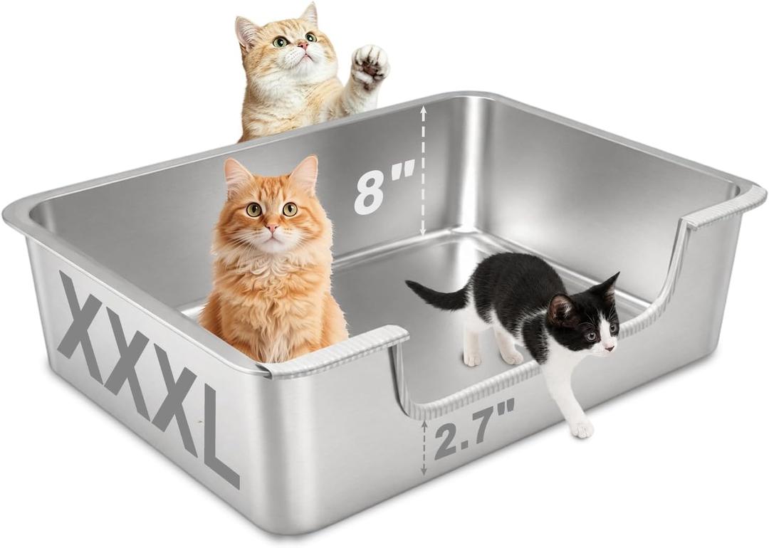 XXXL Low Entry Litter Box for Big Senior Cats & Multiple Cats, 28” x 20” x 8” Extra Large Metal Litter Box, High Sided Stainless Steel Litter Pan with Odor Control, Easy to Clean