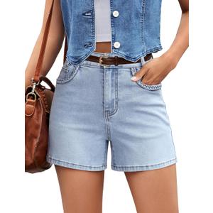 luvamia Jean Shorts for Women Trendy Wide Leg Mid Thigh Casual Summer Stretchy Denim Shorts Jorts with Braided Pockets (Blue, M)