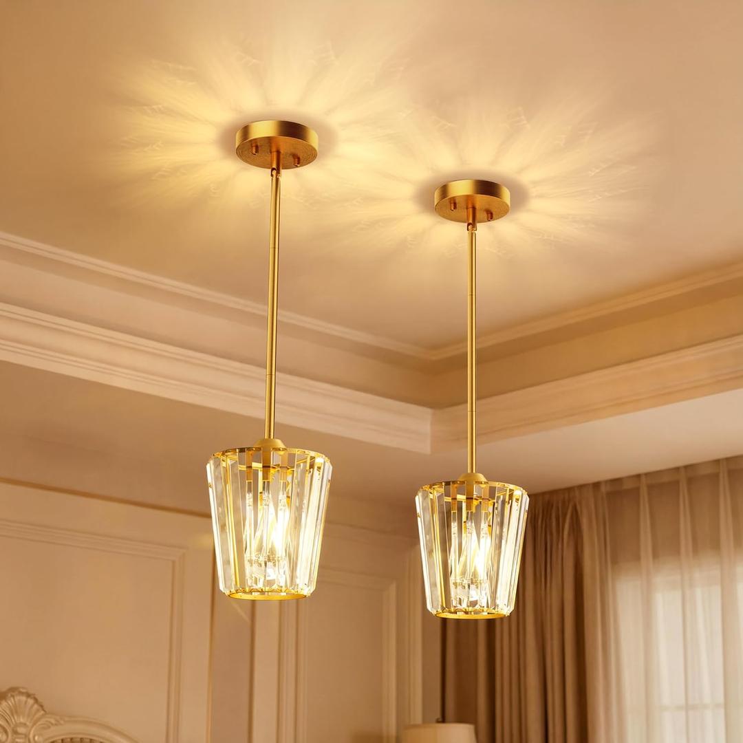 2 Pack Crystal Pendant Lights Kitchen Island - Modern Gold Pendant Light Mini Adjustable Hanging Pendant Lights for Kitchen Island Dining Room Foyer Hallway