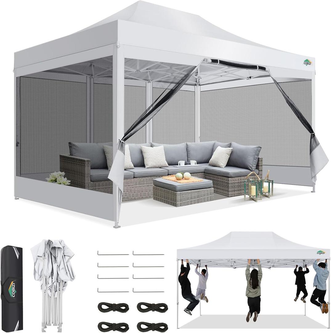COBIZI 10x15 Canopy Tent, Heavy Duty Pop up Canopy with Sidewalls, Waterproof Easy Setup Canopy with Mosquito Netting, Outdoor Instant Screen Tents for Parties, Wedding, Backyard with Carry Bag, White