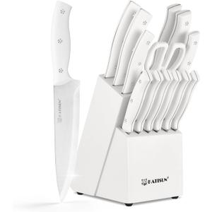15-Piece White Kitchen Knife Set with Built-in Sharpening Stone, Ergonomic Triple Rivet Fixed Handles, Dishwasher Safe