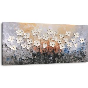 Yihui Arts Hand-Painted Oil Painting on Canvas Textured White Floral Wall Art Modern Horizontal Decor for Living Room Bedroom Office