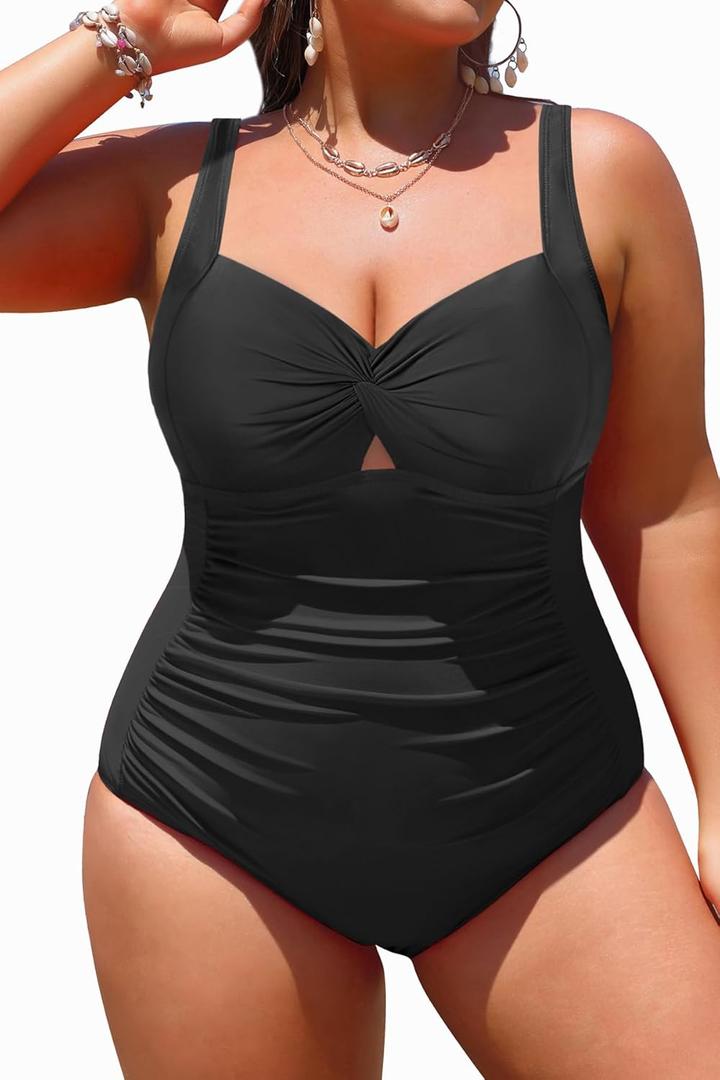 Black Women Plus Size One Piece Swimsuits - Tummy Control Bathing Suits Full Coverage Twist Front Ruched Swimwear 2025 18W