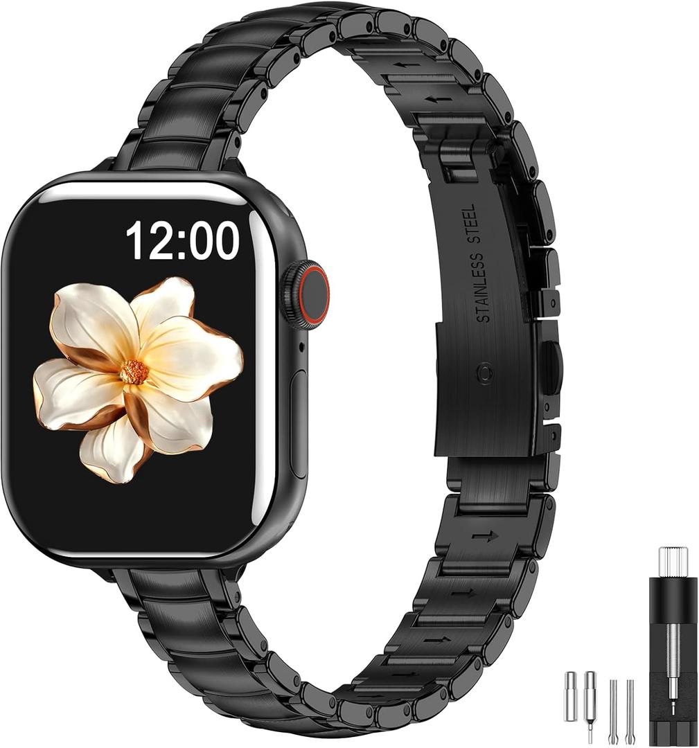 MioHHR Thin Metal Bands Compatible with Apple Watch Band 38mm 40mm 41mm 42mm(Series 10),Slim Narrow Stainless Steel Strap for Women iWatch Bands Series 9 8 7 6 5 4 SE 3 2 1,Black