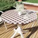 Smiry Round Picnic Tablecloth, Elastic Waterproof Fitted Vinyl Tablecloths for 36"-44" Tables, Flannel Backed Buffalo Plaid Table Cover for Dining, Camping, Outdoor, White and Brown