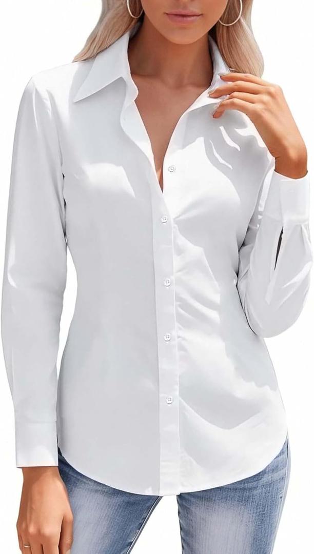 HOTOUCH Button Down Shirts for Women Long Sleeve Stretch Dress Shirts Wrinkle-Free Work Blouses Slim Fit Office Tops (White, XL)