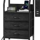 Furnulem Night Stand with Charging Station, 28.3 Inch Tall Side Table with Fabric Drawers and Storage Shelf, Bedside Table with USB Ports & Outlets, Nightstand for Bedroom, 3 Ways to Use, Black Oak