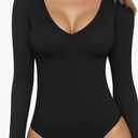 ATHMILE Women's V Neck Long Sleeve Bodysuit Ribbed Slim Fitted Tops Small Black