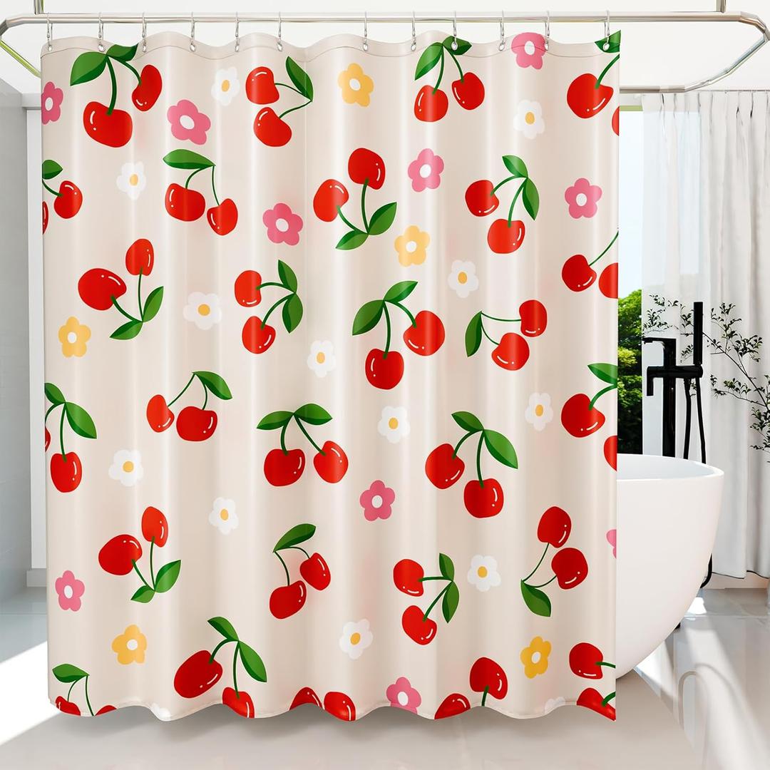Anybar Fabric Shower Curtain Cute Floral Cherry Curtains Waterproof Soft Polyester Bathroom Curtain- Decor Washable Privacy Cloth Extra Long Shower Curtain for Bathroom (72x84inch) Beige