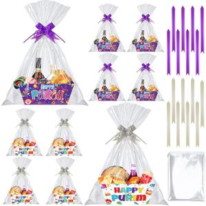 Cholemy 24 Pieces Purim Gift Baskets Empty Kit Include 8 Kraft Market Trays 8 Bags and 8 Bows Jewish Carnival Party Favors Gift Cardboard Box for Gifts Empty with Handles Happy Purim Party Supplies