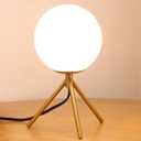Mid Century Modern Table Lamp - Gold Glass Globe Desk Reading Lamp - Contemporary Minimalist Brushed Brass Bedside Desk Nightstand Industrial Vintage Bedside Table Light, 10"D x 10"W x 13.7"H