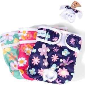 Pet Soft Washable Female Diapers (3 Pack) Female Dog Diapers, Comfort Reusable Doggy Diapers for Girl Dog in Period Heat (Bloom, S) (Small:10''-14'')