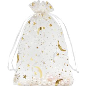 Jexila 100 Pcs Moon Star Organza Mesh Drawstring Jewelry Gift Bags - 5''X7'' White - For Baby Shower, Wedding Party Favors or Candy Bags