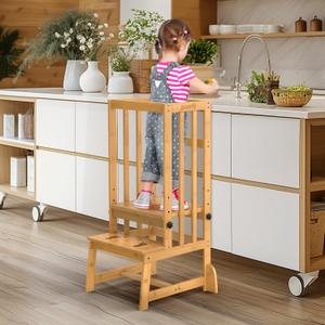 Toddler Step Stool, 3 Adjustable Height Tower Anti-tip Safety Learning Kitchen Step Stool for Kids (Natural)