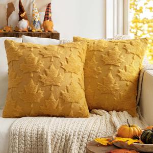 MIULEE Fall Autumn Throw Pillow Covers 20x20 Mustard Yellow Set of 2 Thanksgiving Decorative Solid Maple Leaf Accent Pillow Covers Soft Plush Faux Wool for Home Decor Holiday Outdoor Porch Bedroom