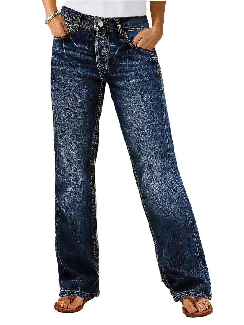 Flamingals Straight Leg Boyfriend Jeans for Women Trendy Mid Rise Wash Stretchy Casual Baggy Jeans Large