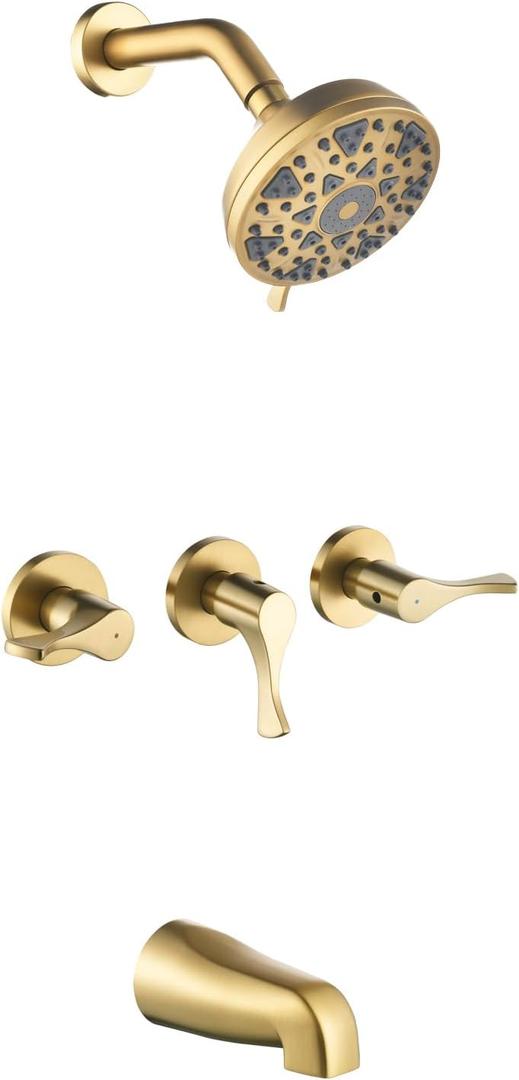 3 Handles Shower Faucet Set with Tub Spout Bathtub Shower Faucet Combo Set Shower System Complete Tub and Shower Trim Kit Brushed Gold Shower Set