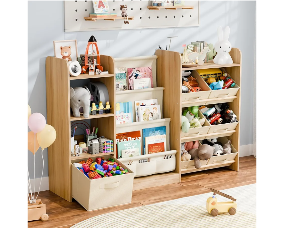 Kids Toy Book Storage Organizer - Large Bookshelf with 7 Removable Bins, Baby Bookshelf and Toy Storage, 4-Tier Book Shelf for Kids Room, Playroom, Classroom, 51 inch, Burlywood