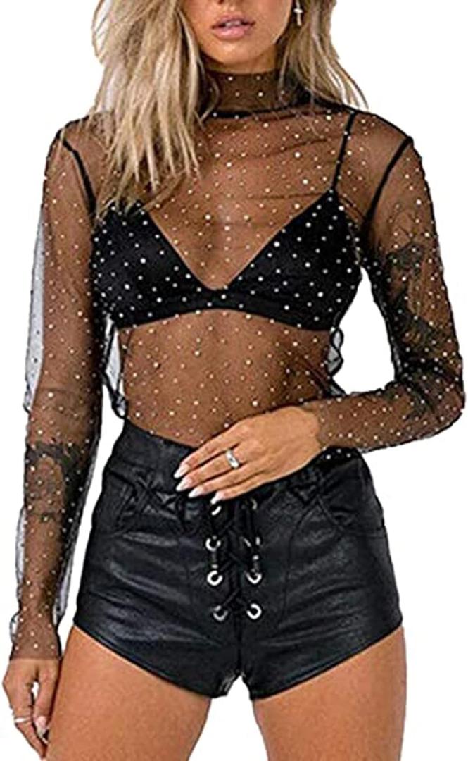 Women Y2K Sexy Sheer Mesh See-Through Shirts Long Sleeve Turtleneck Sparkle Tee Blouse Tops Clubwear (Small)