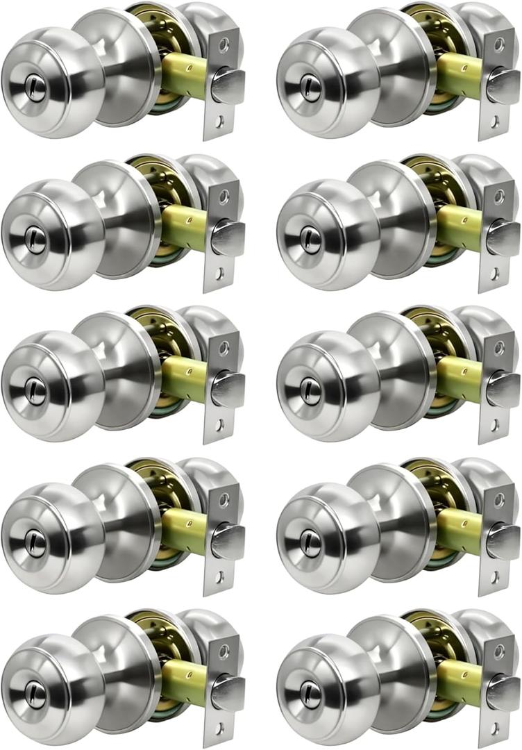 Privacy Door Knobs,10 Pack Brushed Nickel Round Keyless Doorknobs Interior Door Knobs for Bedroom/Bathroom, Privacy Function