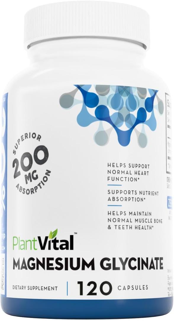 PlantVital Magnesium Glycinate 200mg - Supports Restful Sleep, Muscle & Nerve Function, Normal Heart & Bone Health - Feel Calm & Relax - Vegan, Third Party Tested, Gluten Free, Non-GMO - 120 Capsules Exp 06/2028
