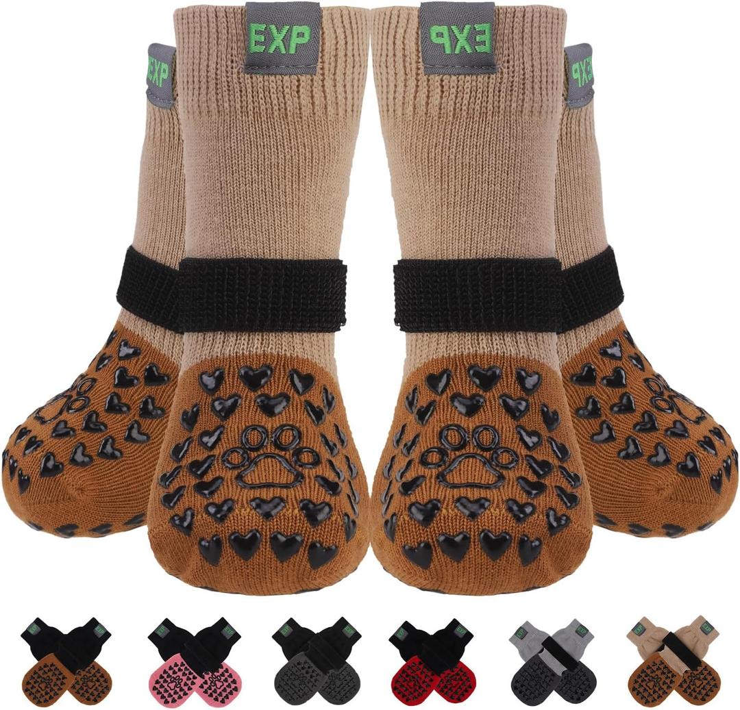 EXPAWLORER Anti Slip Dog Socks to Prevent Licking Paws, Winter Snow Dog Boots & Paw Protectors Booties for Hardwood Floors with Heart Grippers, Dog Shoes for Small Medium Large Senior Dogs Khaki L