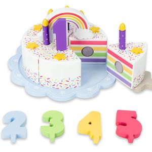 Pretend Play Food for Toddlers 2-5,Wooden Birthday Fake Cake with Candles and Numbers,Tea Party Learning Kitchen Gift Toys for Boys Girls (Rainbow Cake)