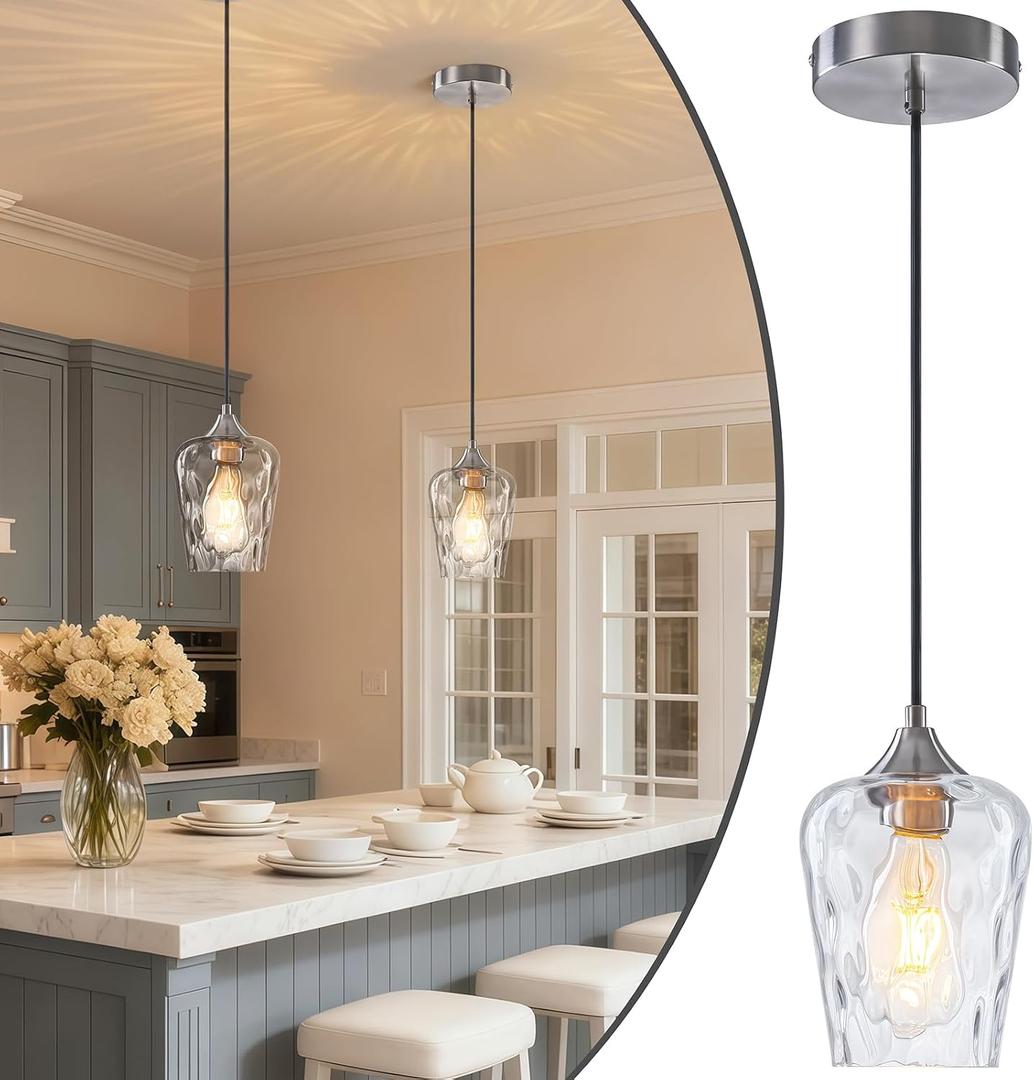 Mini 5" Brushed Nickel Hammered Glass Pendant Lights Kitchen Island 1 Pack | Small Modern Pendant Light Kitchen Island Lighting Farmhouse Kitchen Pendant Lighting over Island for Dining Room Over Sink