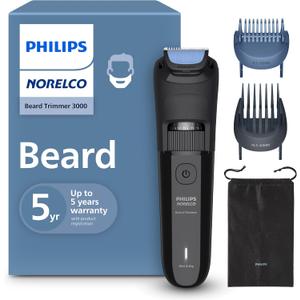Norelco Philips 100% Waterproof Beard Trimmer 3000 Series with Self-Sharpening Blades, 40 Adjustable Beard Trimmer Length Settings & Two Lift&Trim Combs, USB Charging, BT3620/40 (Black)