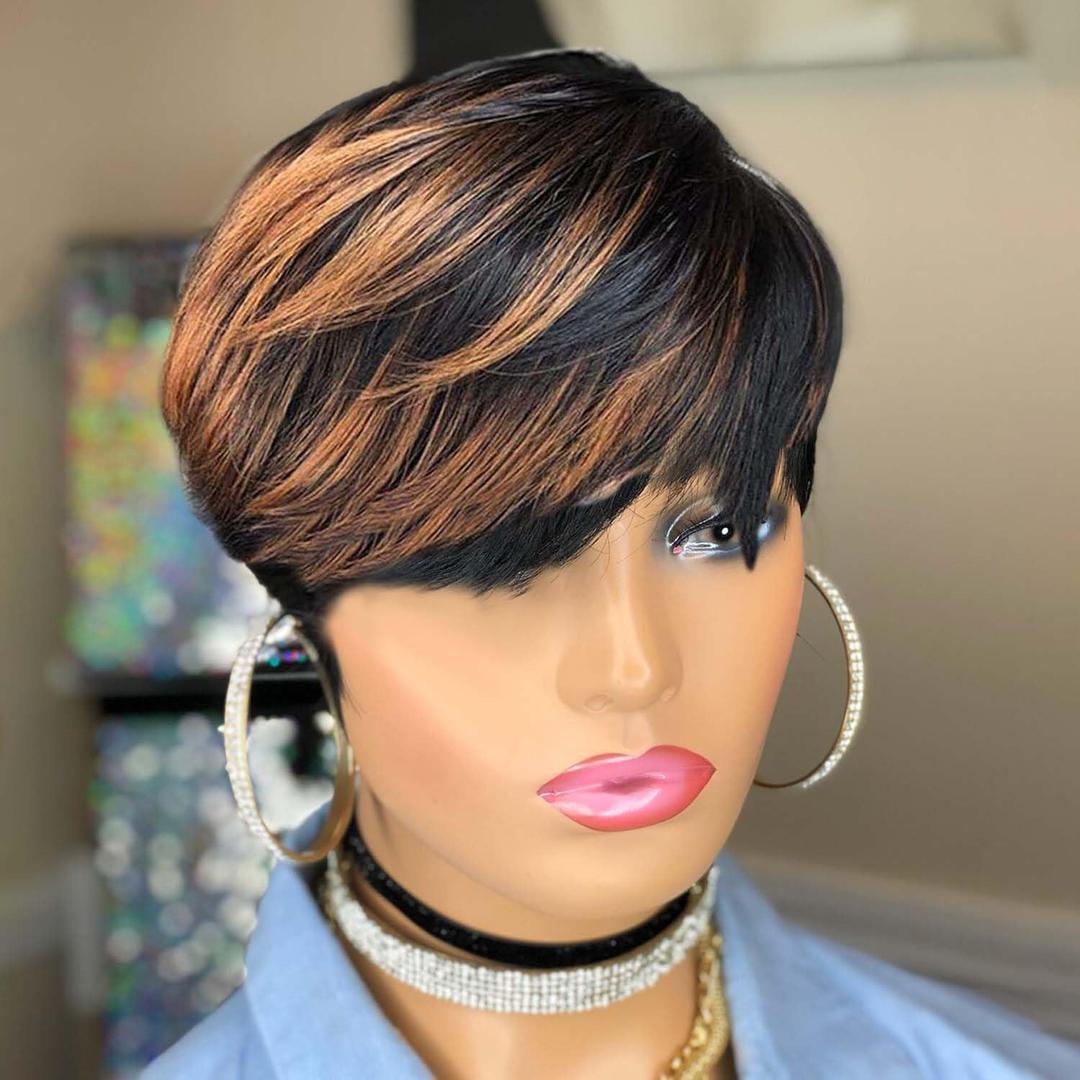 Pixie Cut Wig Human Hair Straight Glueless Short Wigs for Black Women Layered Wavy Wigs with Bangs Pixie Curly Glueless Black with Brown F1B/33#