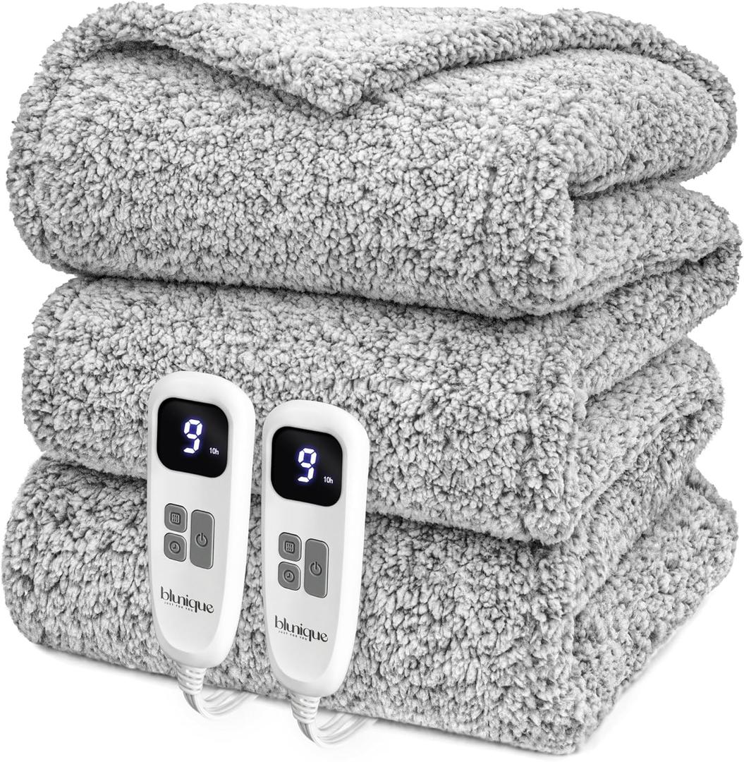 blunique Heated Blanket Electric Blanket Throw Fast Heating Blanket Throw Double Sided Sherpa Ultra Soft Cozy with 10 Heating Levels & 210 Hours Auto Off, Machine Washable, 50 x 60 Inches, Grey