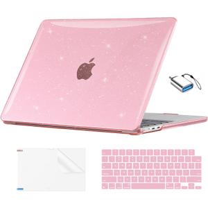 EooCoo Compatible with MacBook Air 13 inch Case M5 2026-2022 M4 M3 M2 Model A3449 A3240 A3113 A2681, Mac Air 13.6 inch Hard Shell & Keyboard Cover & Screen Film & Type-C, Sparkly Pink