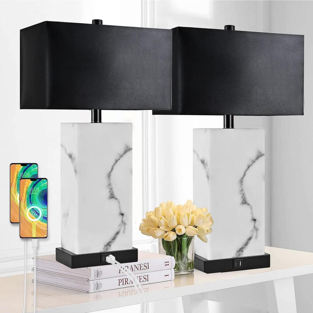 24” Black Touch Table Lamp Set of 2 with USB Ports, 3-Way Dimmable Bedside Nightstand Lamps for Bedroom Living Room End Tables, Night Stand Light Side Lamp Faux Silk Shade, Bulbs Included
