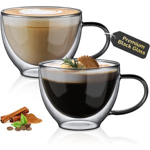 ecooe Black Double Walled Glass Coffee Mug 12 oz Latte Cappuccino Cups Set of 2 Coffee Cups with Handle, Heat Resistant Double Wall Glass Cup for Tea Milk Juice Ice Cream, Birthday Gifts for Mum Dad