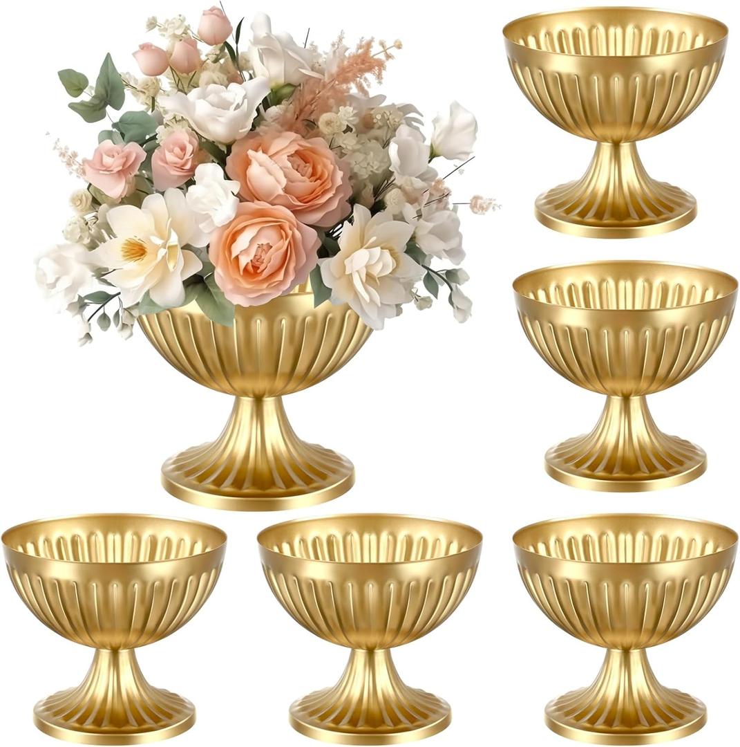 Ziliny 6 Pcs Gold Vases for Centerpieces 4.7" Wide 4" High Metal Compote Vases Bulk Wedding Table Centerpiece Flower Pot Vintage Floral Arrangements for Weddings Anniversaries Party Home Decor