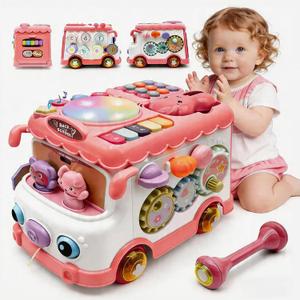 Baby Bus Toy for 1 Year Old Girl Gifts, Montessori Musical Bus Toy for Baby 12-18 Months, Baby Piano Drums for Toddlers 1-3, Shape Sort Toys 1st Birthday Gifts for Girls, 10.24 x 7.6 x 7.4 inches