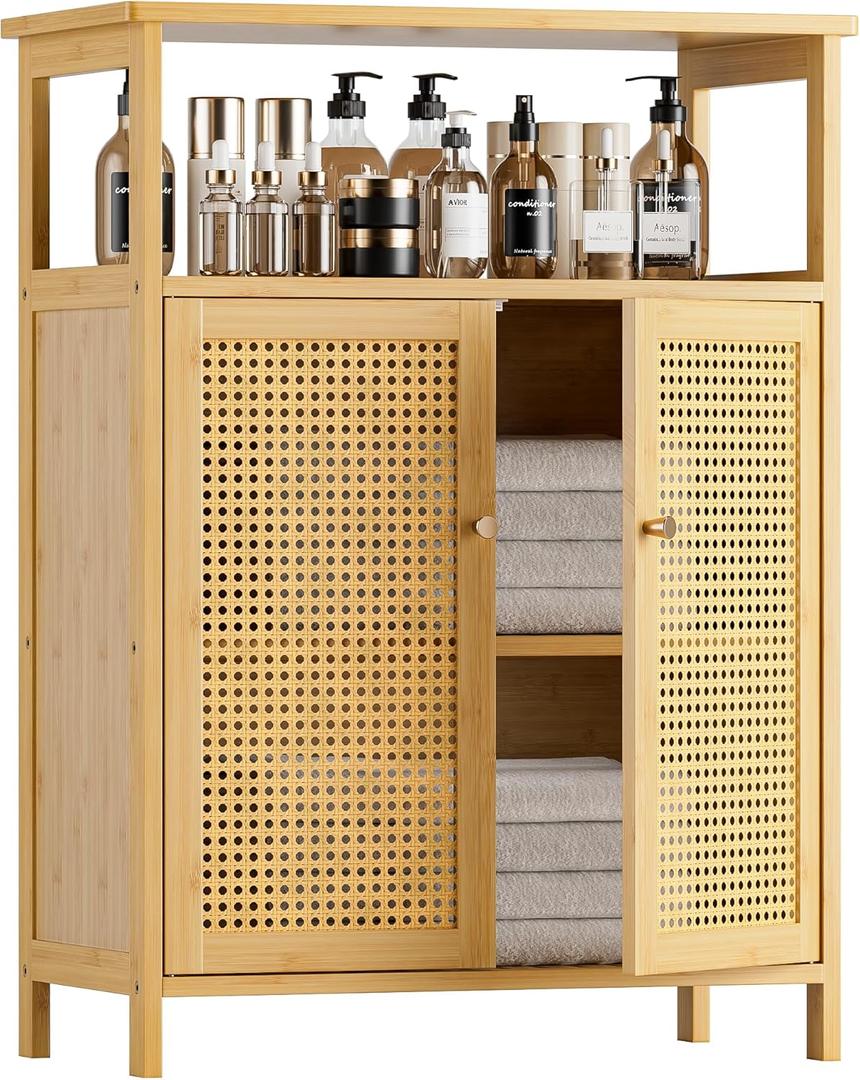 HITNET Rattan Bathroom Storage Cabinet, Bamboo Floor Cabinet with 2 Doors and Open Shelf, Freestanding Cupboard for Living Room, Entryway, Kitchen, Natural
