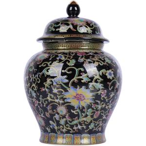 Enamel Ginger Jar with Lid 7.72"H,Handmade Chinoiserie Ginger Jar, Ceramic Vase for Home Decor, Decorative Jar, Black or White (Black)