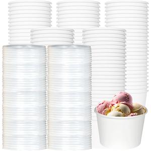 100 Pack Paper Soup Containers with Lids, 8 Oz Heavy Duty White Kraft Paper Bowls, Disposable Ice Cream Cups for Yogurt, Cold and Hot Foods