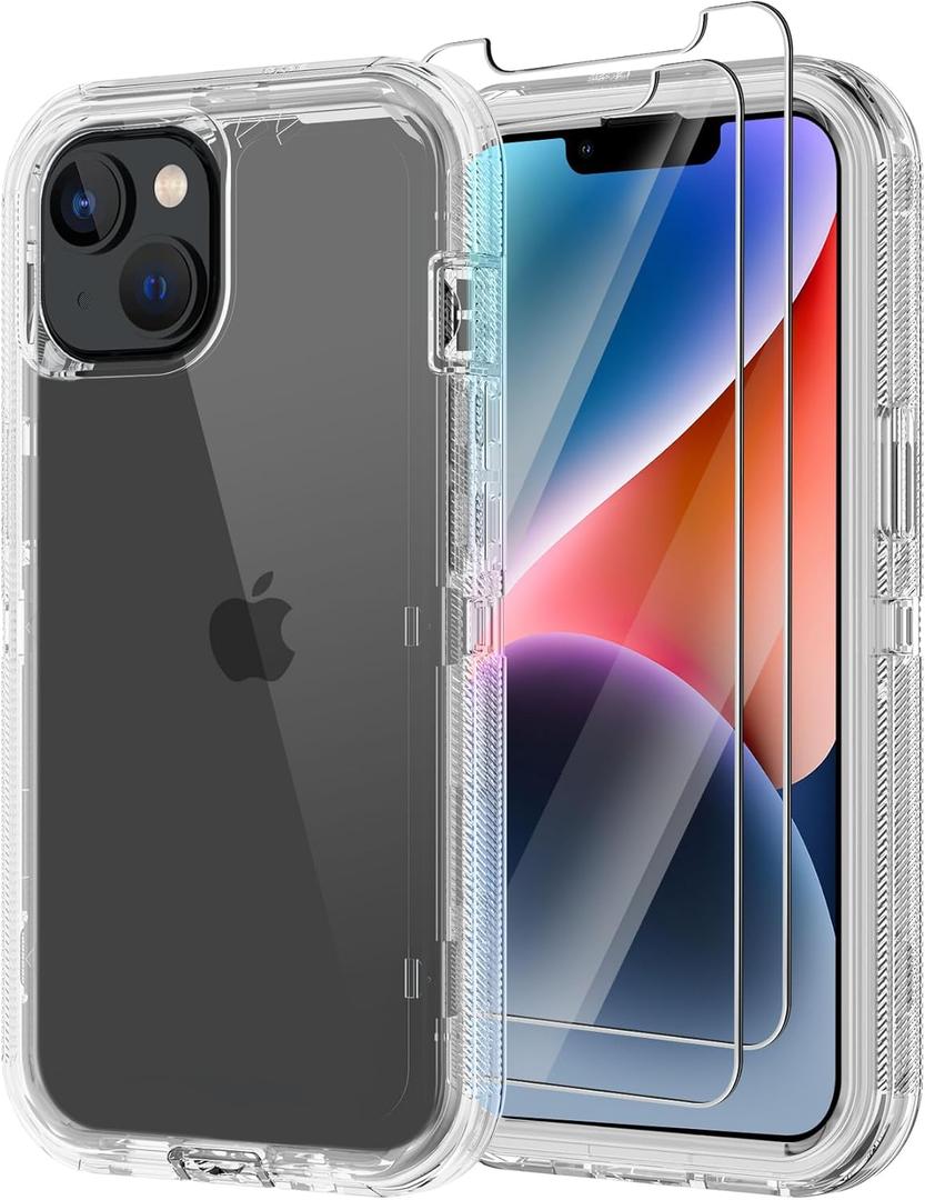 Annymall for iPhone 14 Clear Case with 2 Screen Protector,[Not Yellowing] Military Grade Drop Protection Thick Anti-Fall Transparent Heavy Duty Shockproof Phone Cover for Apple iPhone 14 6.1" (Clear)